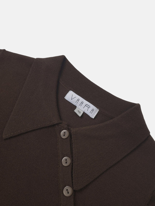 Asymmetrical Button Collar Sweater - Brown