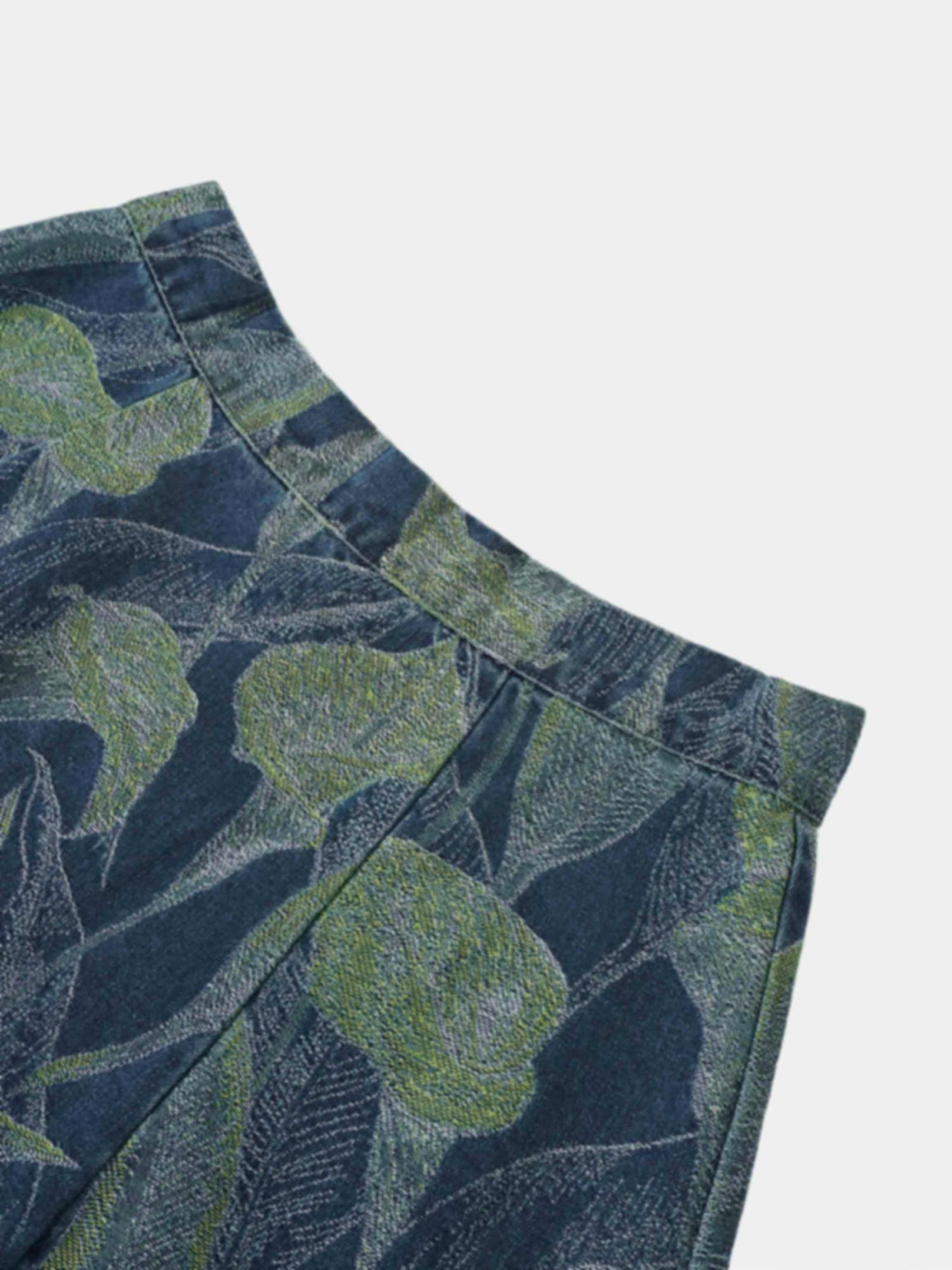 Printed Denim Trumpet Style Skirt-Blue Leaves