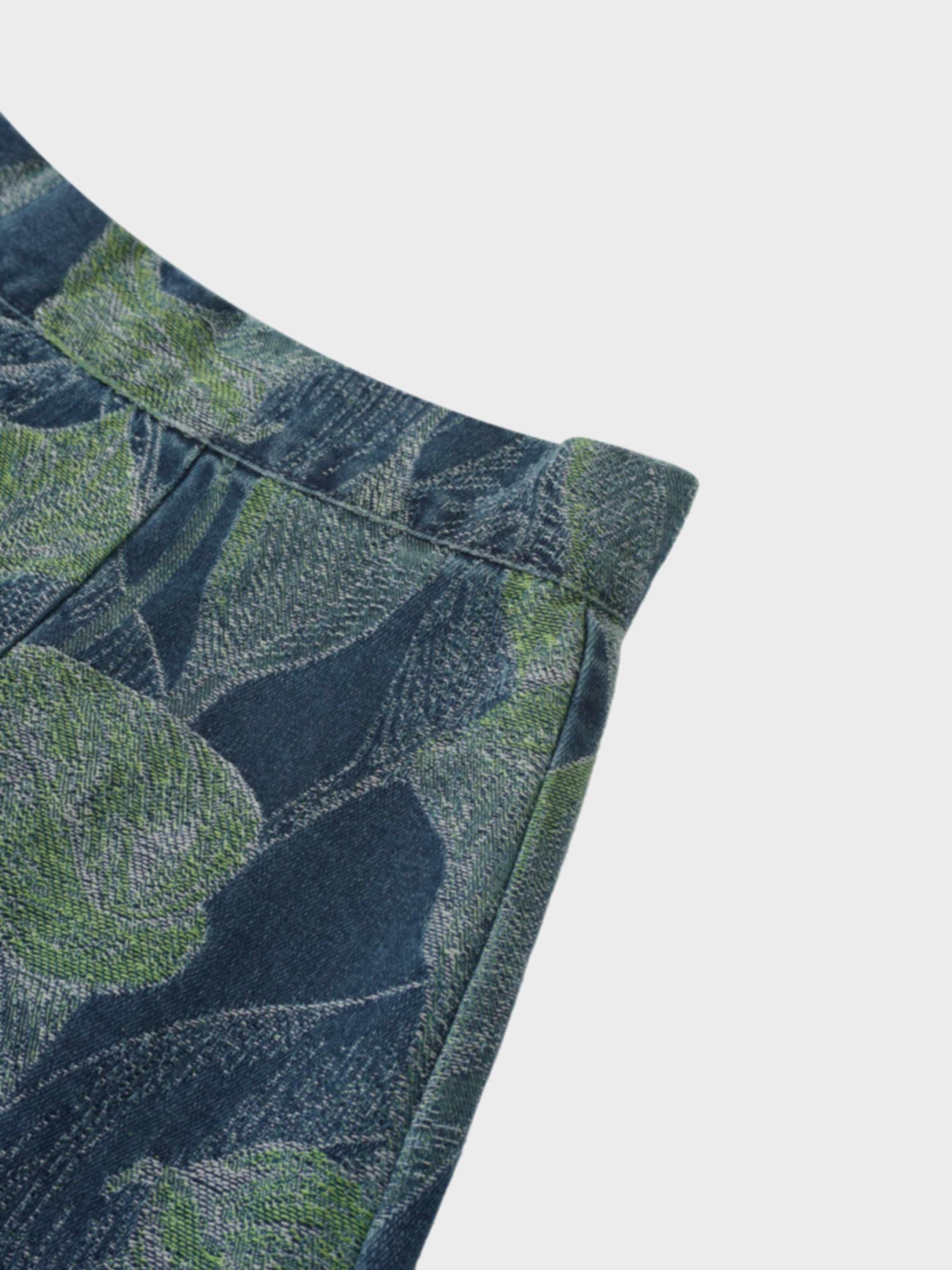 Printed Denim Trumpet Style Skirt-Blue Leaves