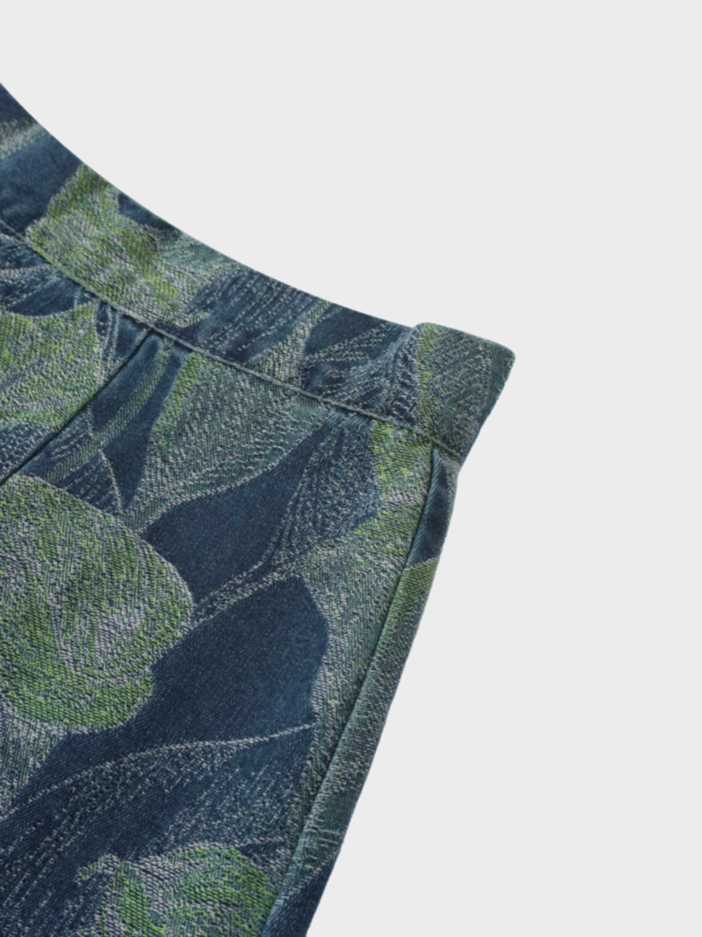 Printed Denim Trumpet Style Skirt-Blue Leaves