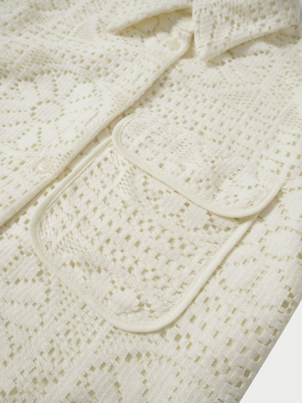 Lace Cutout Shirtdress-Cream
