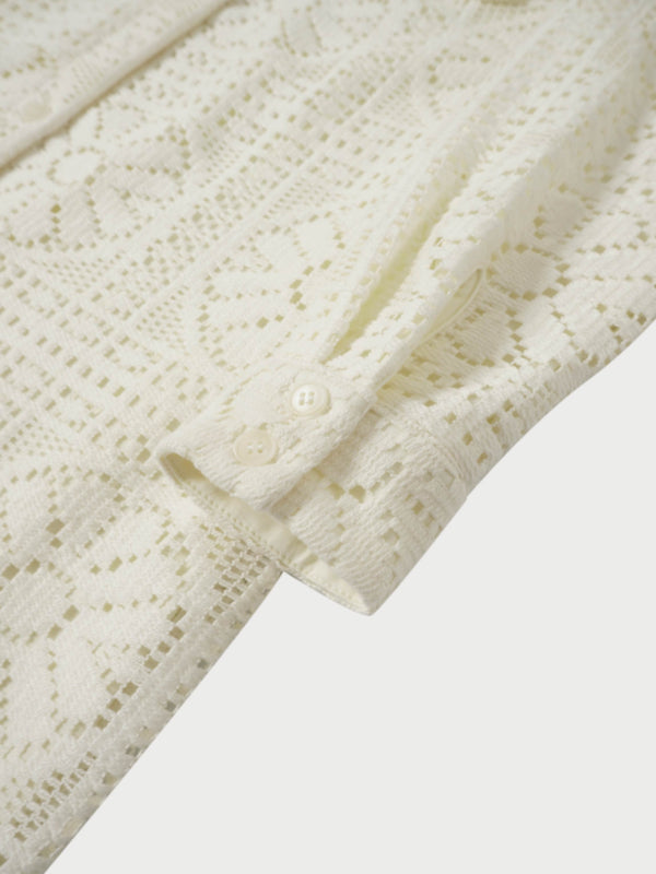 Lace Cutout Shirtdress-Cream