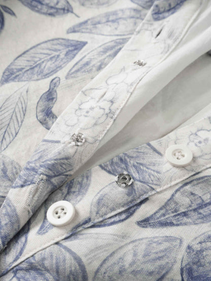 Long Button Down Shirtdress-Blue Leaves