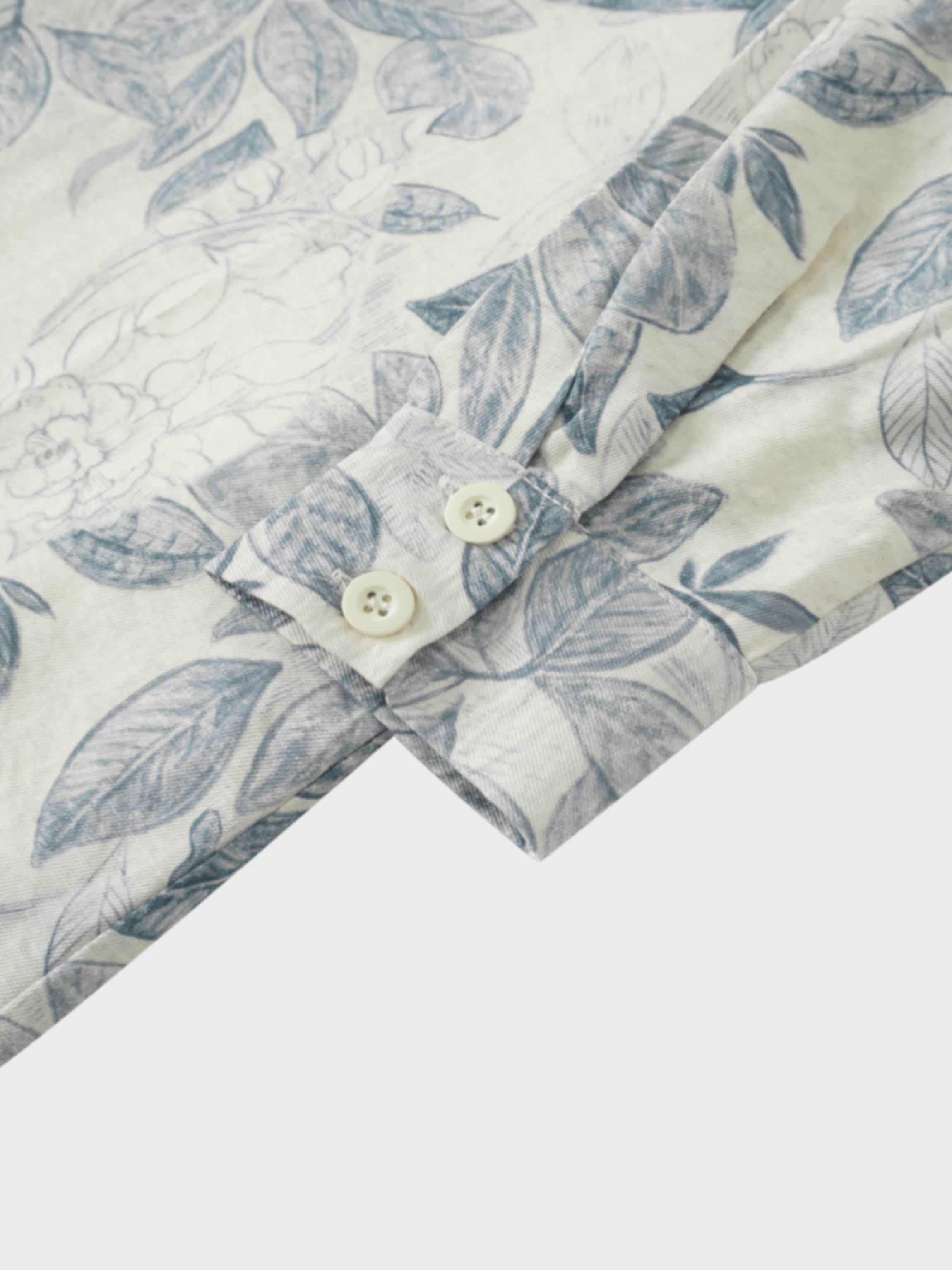 Long Button Down Shirtdress-Blue Leaves