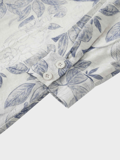 Long Button Down Shirtdress-Blue Leaves