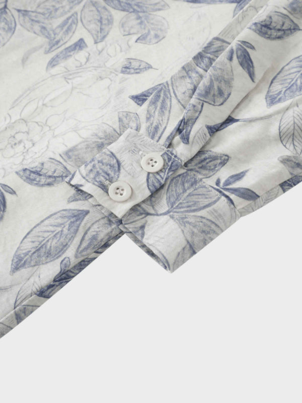 Long Button Down Shirtdress-Blue Leaves