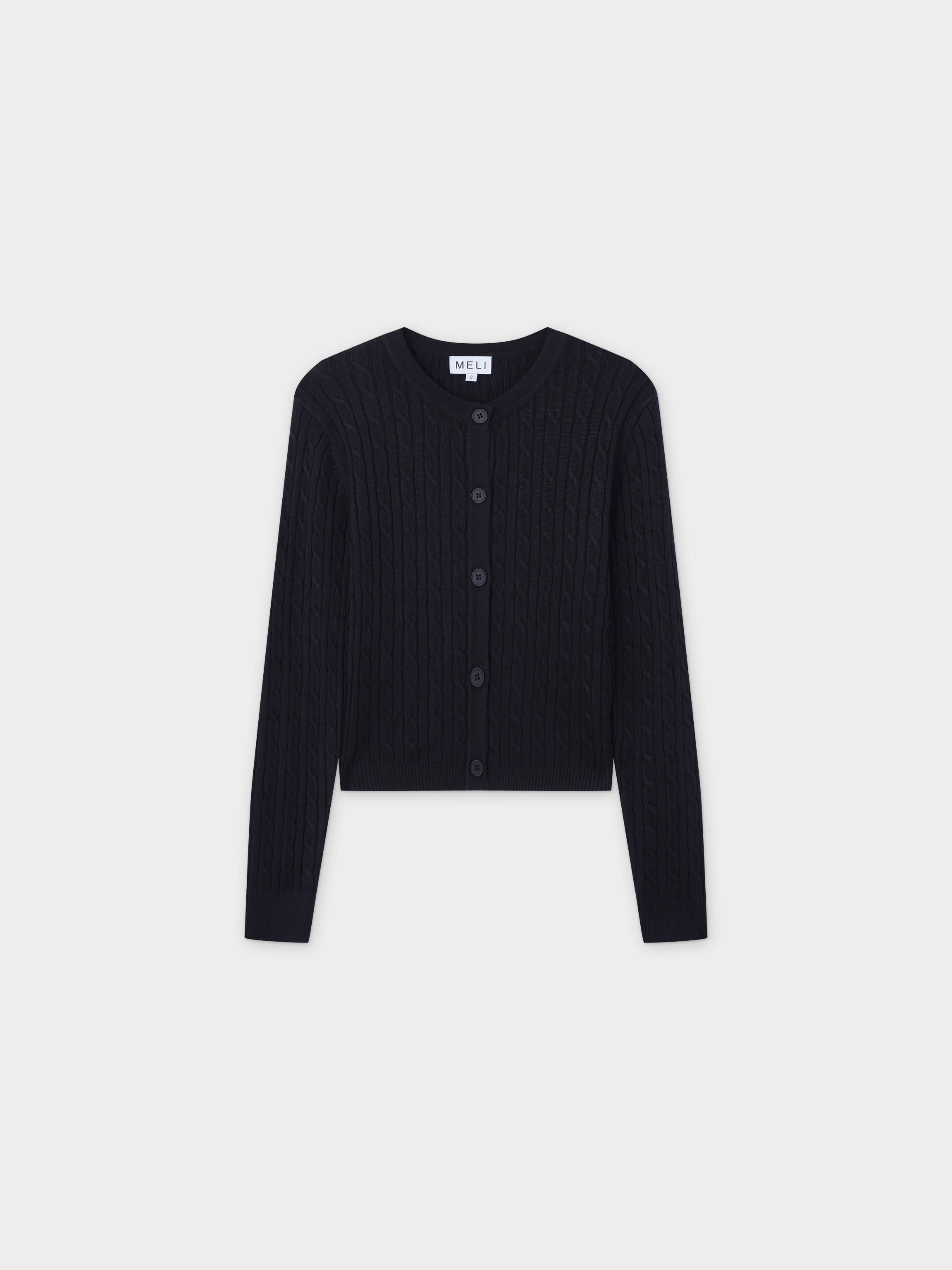 Cable Knit Crew Cardigan-Black