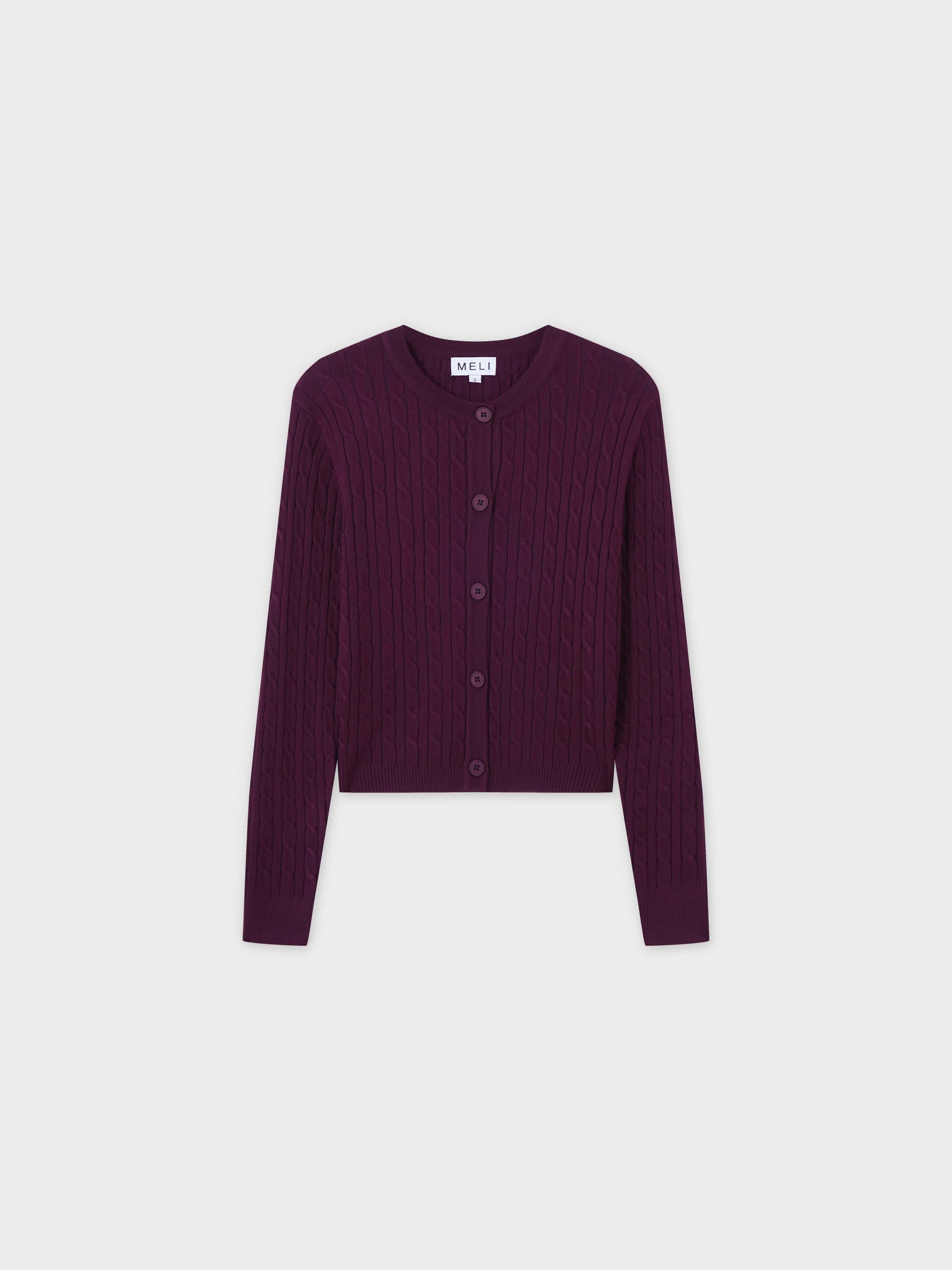 Cable Knit Crew Cardigan-Burgundy