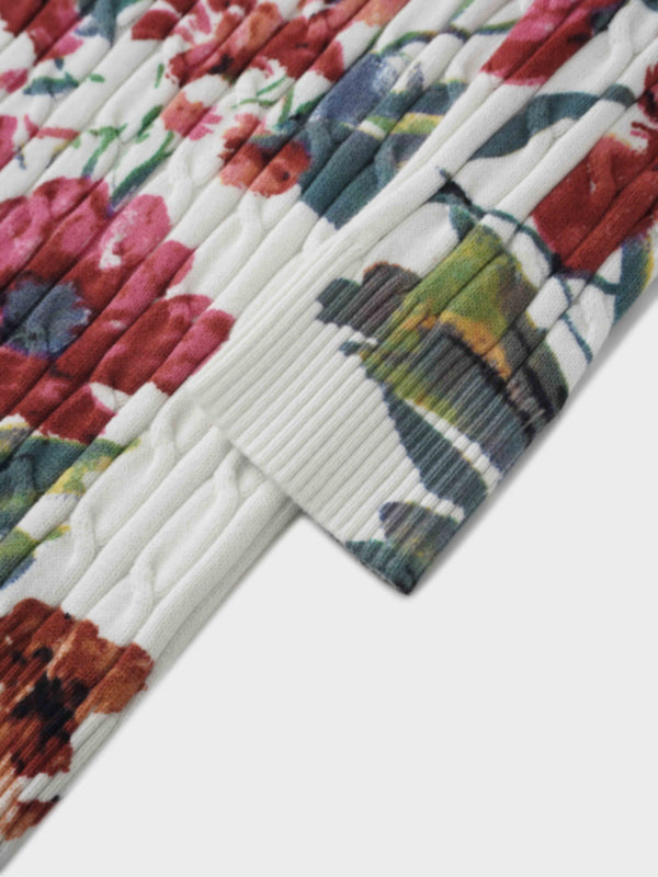 Printed Cable Sweater-Scattered Flowers