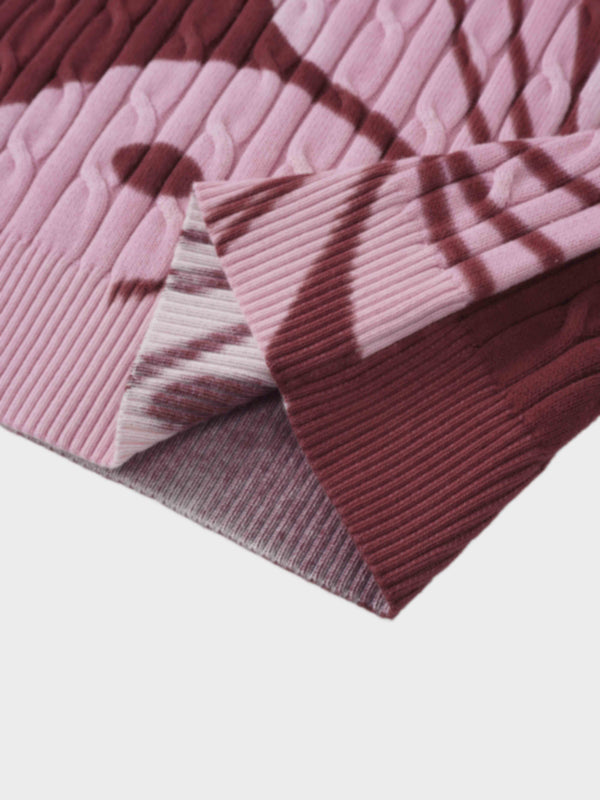 Printed Cable Sweater-Maroon/Pink Flower