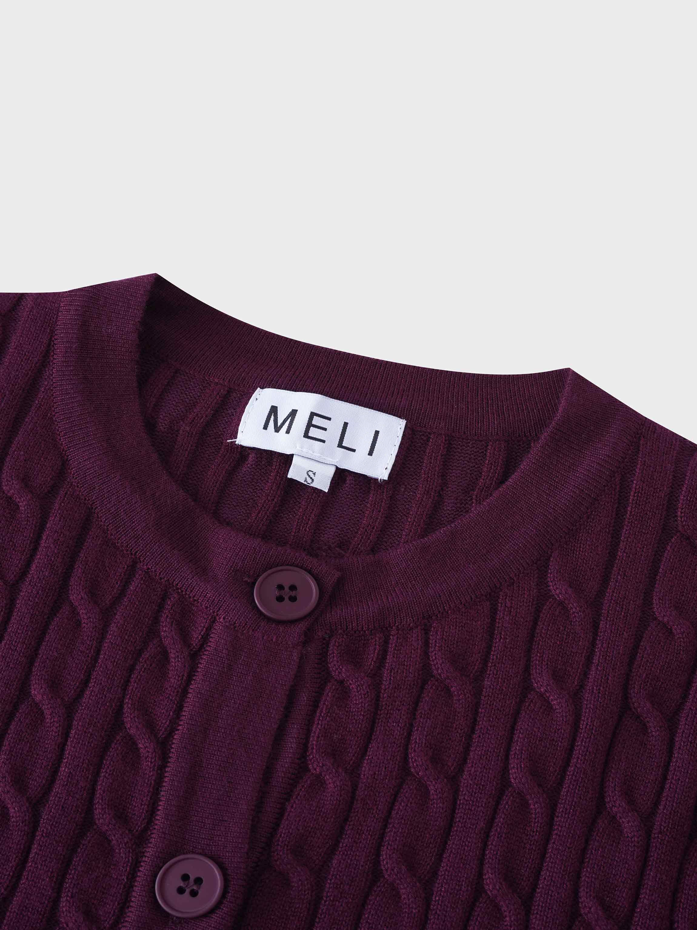 Cable Knit Crew Cardigan-Burgundy