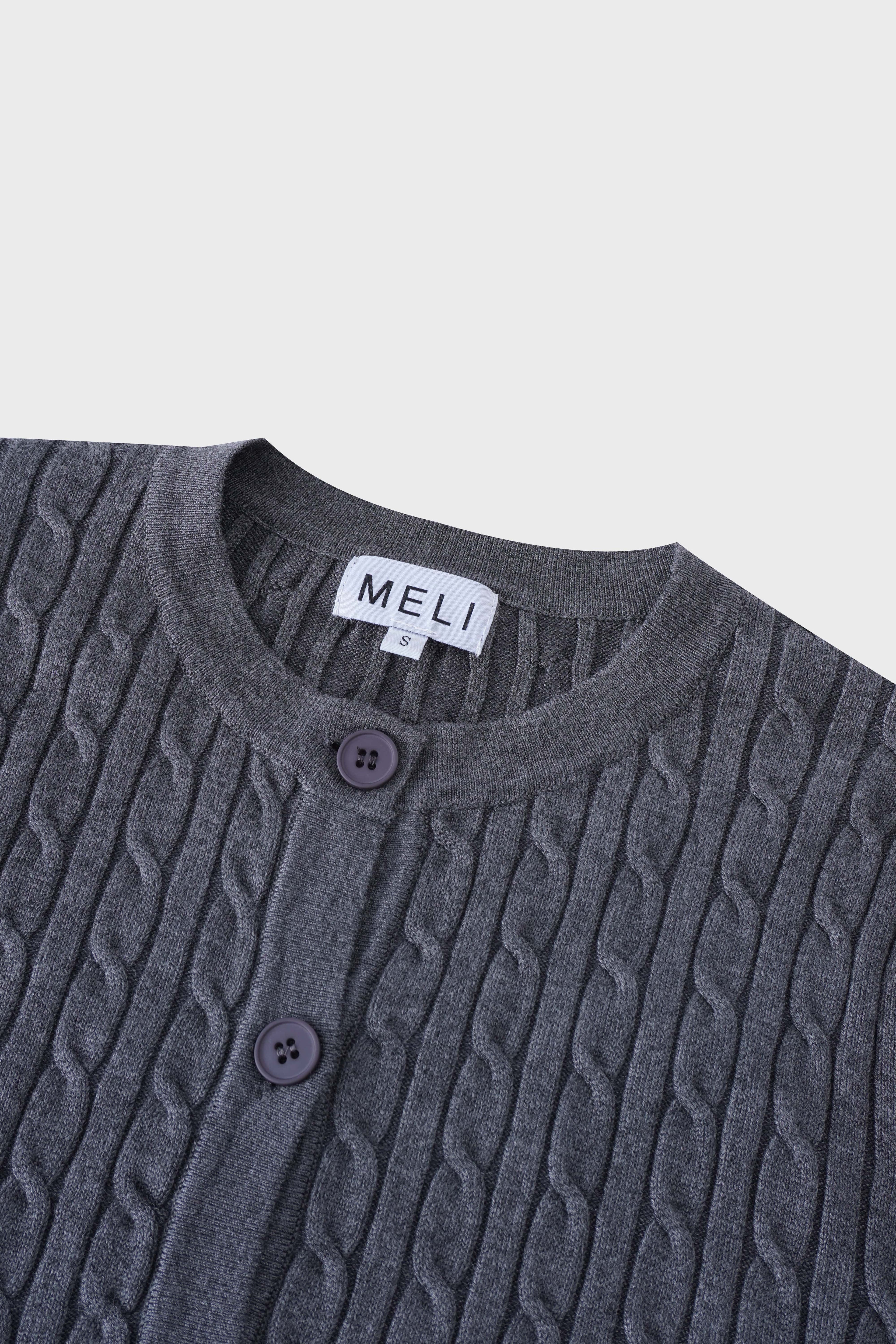 Cable Knit Crew Cardigan-Grey