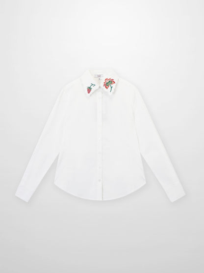 Embroidered Collar Button Down Blouse-White