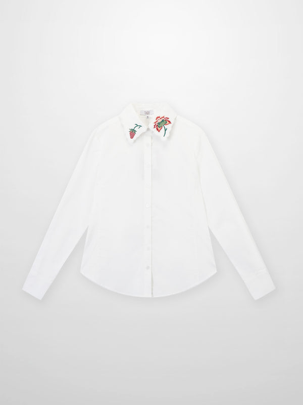 Embroidered Collar Button Down Blouse-White