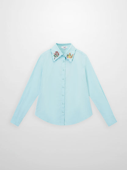 Embroidered Collar Button Down Blouse-Mint