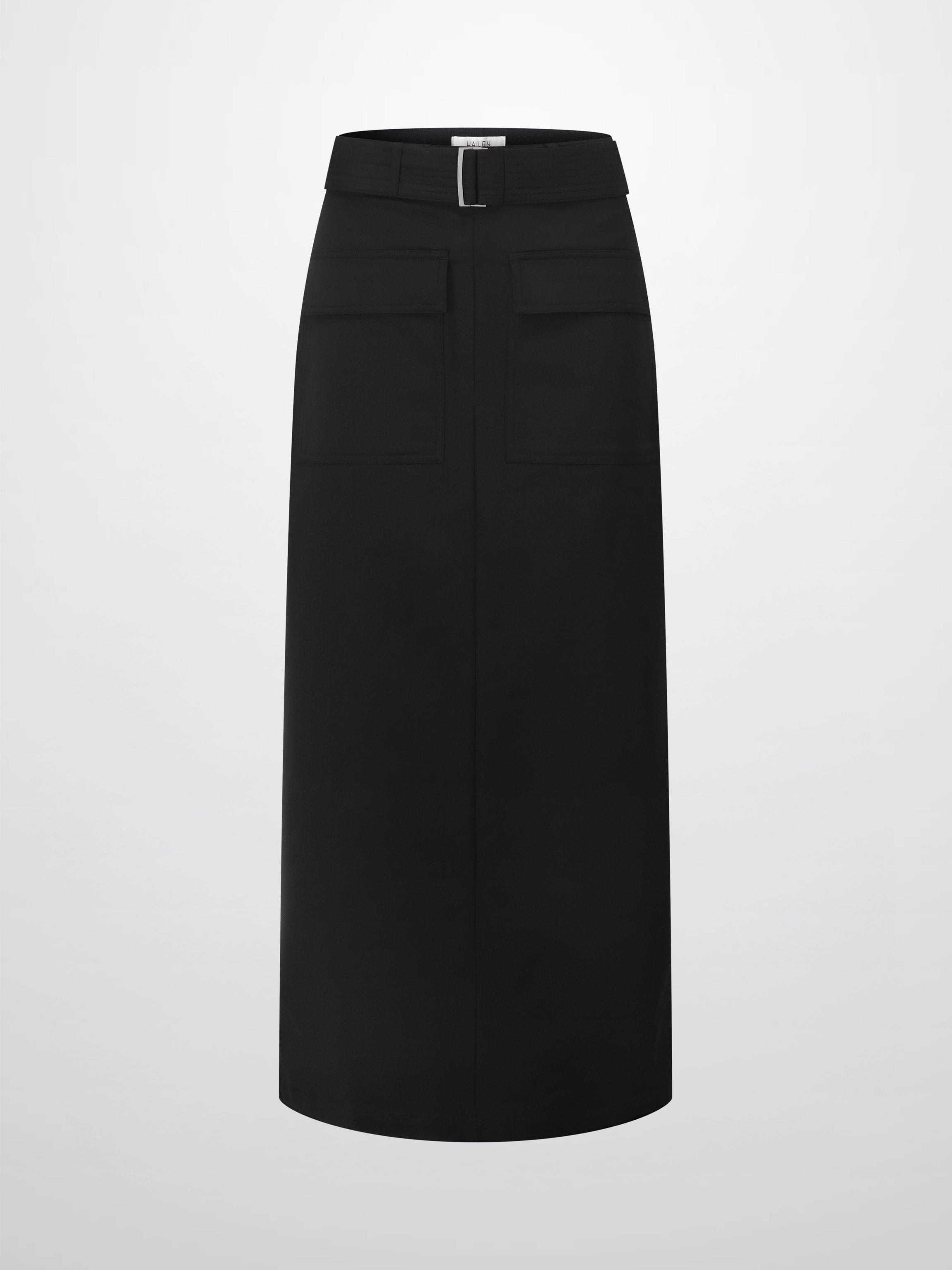 Belted Straight Cargo Pocket Skirt-Black