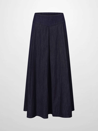 Inverted Yoke Pleat Denim Skirt-Dark Blue