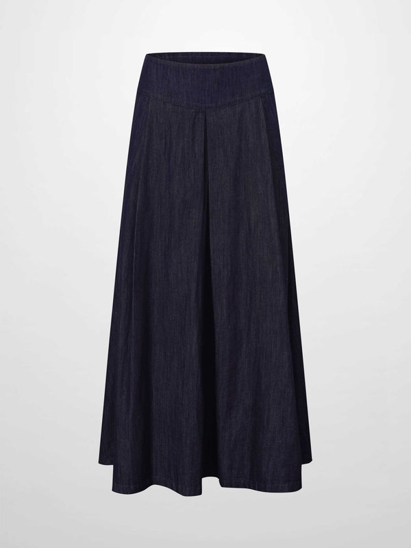 Inverted Yoke Pleat Denim Skirt-Dark Blue
