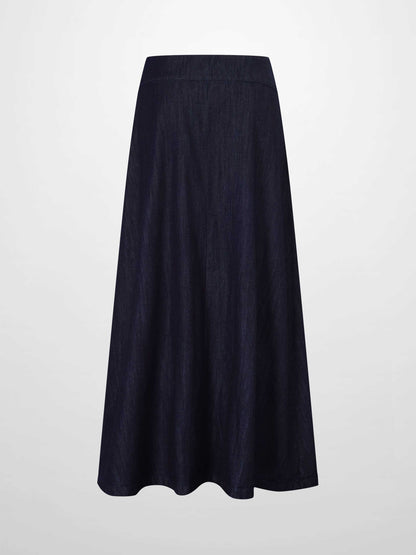 Inverted Yoke Pleat Denim Skirt-Dark Blue