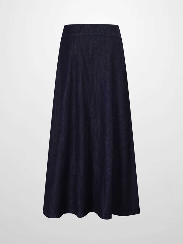 Inverted Yoke Pleat Denim Skirt-Dark Blue