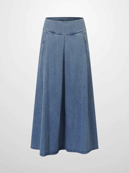 Inverted Yoke Pleat Denim Skirt-Light Blue