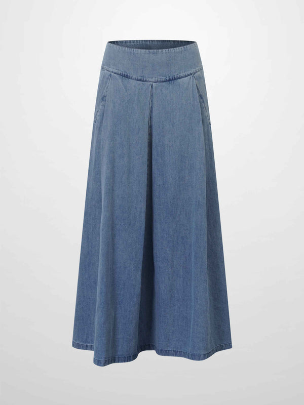 Inverted Yoke Pleat Denim Skirt-Light Blue