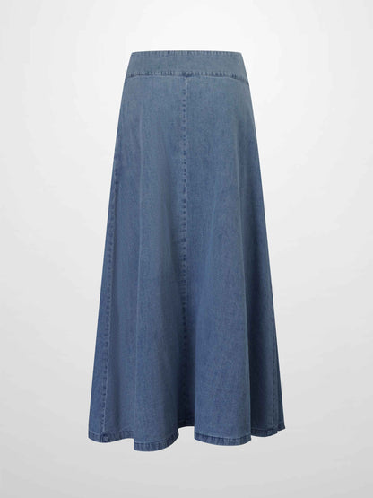 Inverted Yoke Pleat Denim Skirt-Light Blue