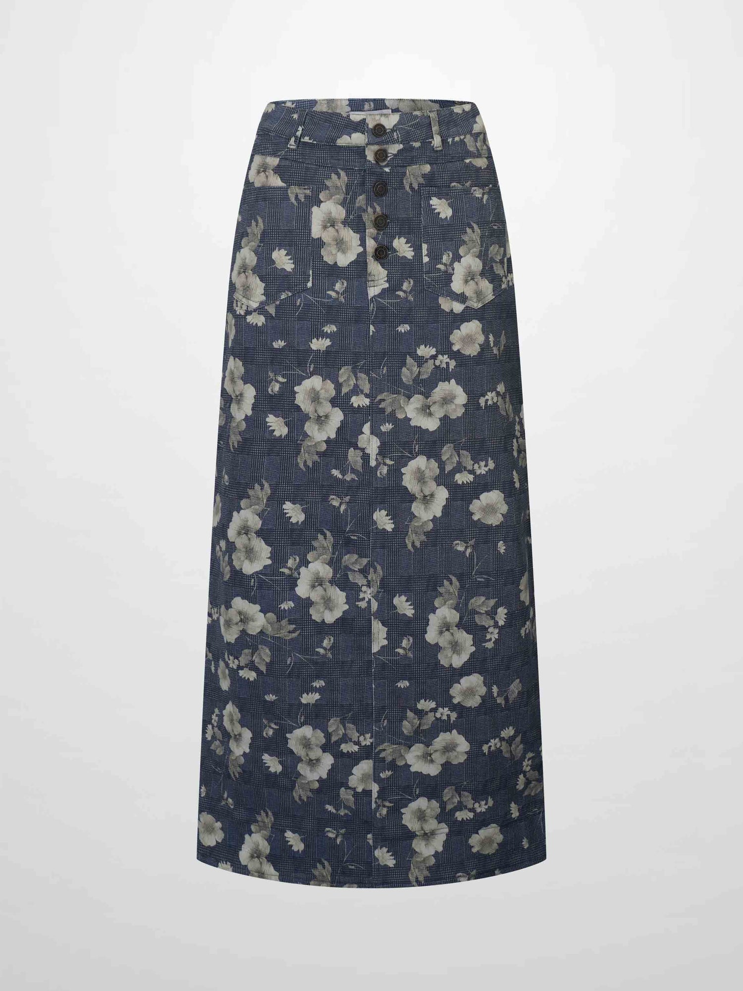 Straight Maxi Denim Skirt-Plaid Tan Floral