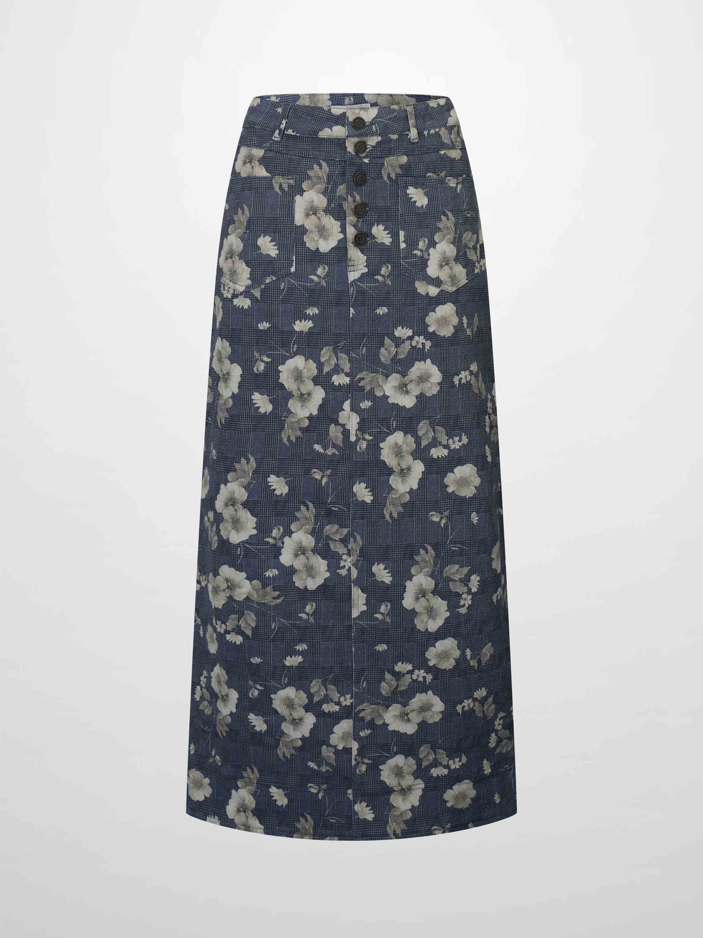 Straight Maxi Denim Skirt-Plaid Tan Floral