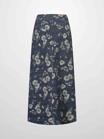 Straight Maxi Denim Skirt-Plaid Tan Floral