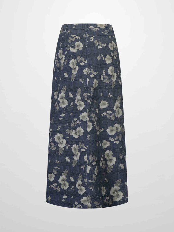 Straight Maxi Denim Skirt-Plaid Tan Floral
