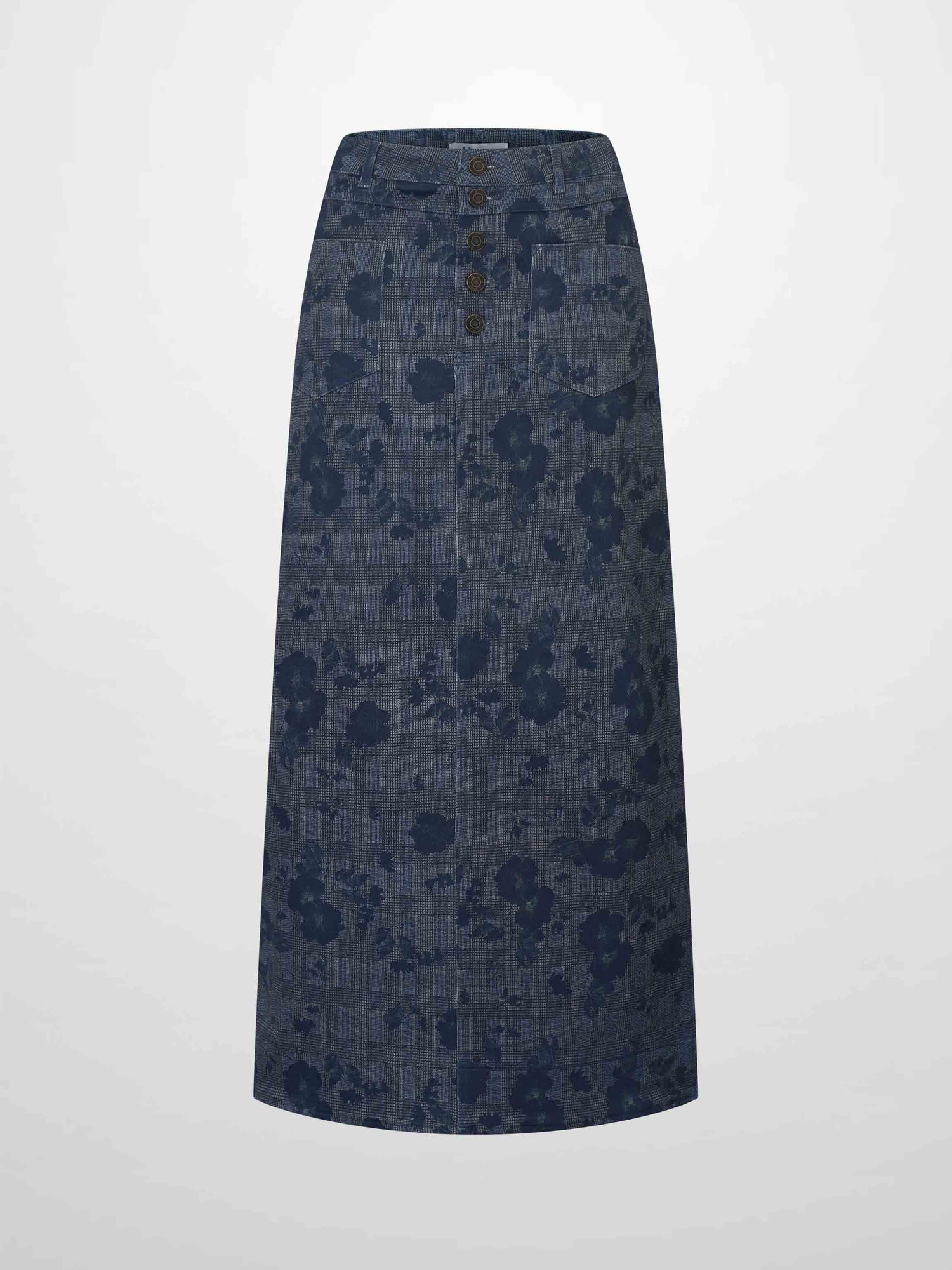 Straight Maxi Denim Skirt-Plaid Blue Floral