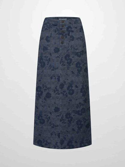 Straight Maxi Denim Skirt-Plaid Blue Floral