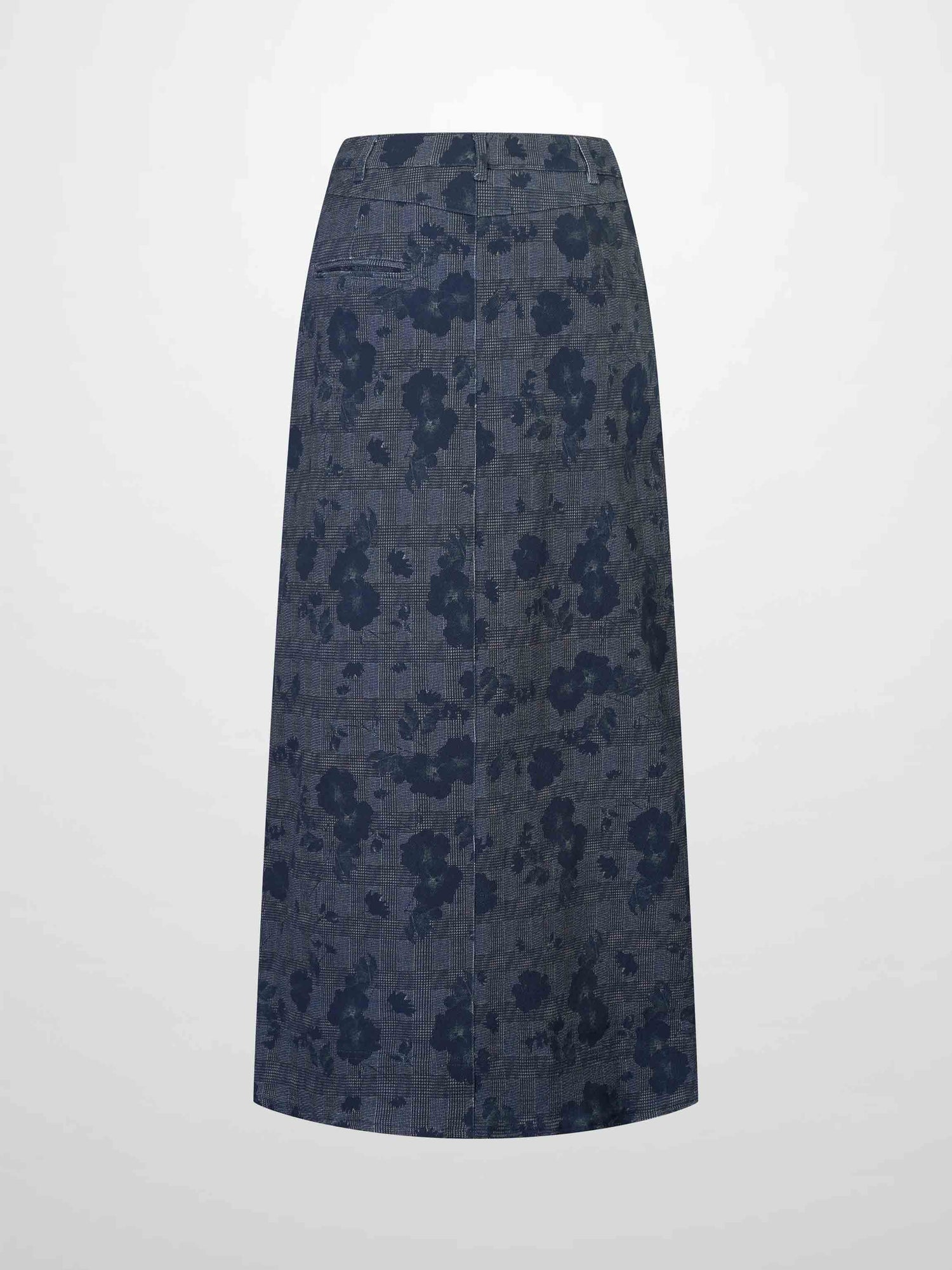 Straight Maxi Denim Skirt-Plaid Blue Floral