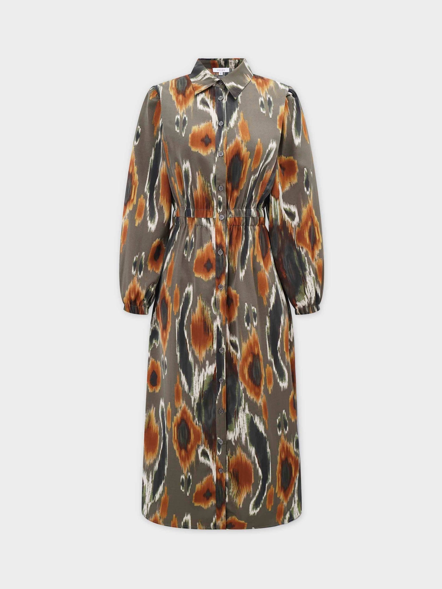 Puff Sleeve Elastic Waist Shirtdress - Olive Ikat