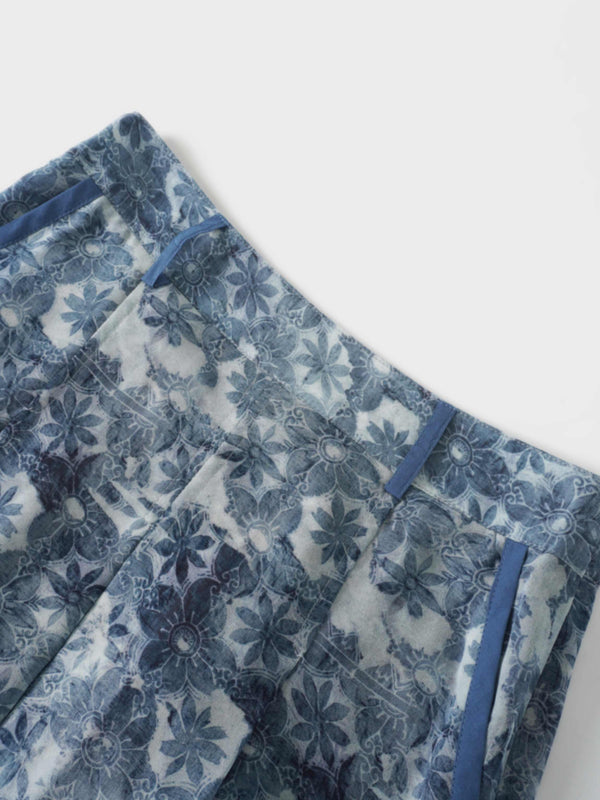 Waisted Pocket Pleat Skirt-Soft Blue Floral