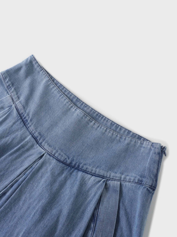 Inverted Yoke Pleat Denim Skirt-Light Blue