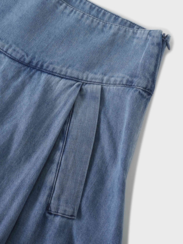 Inverted Yoke Pleat Denim Skirt-Light Blue