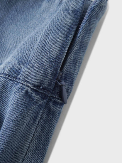 Inverted Yoke Pleat Denim Skirt-Light Blue