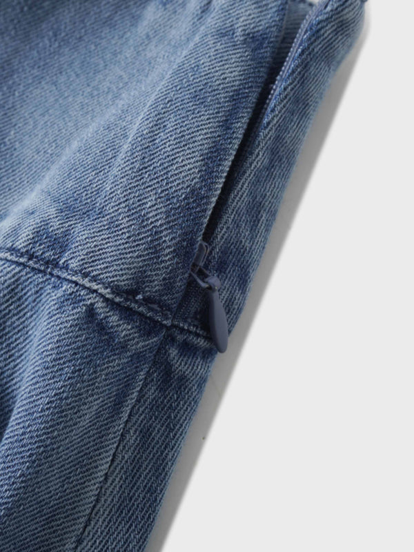 Inverted Yoke Pleat Denim Skirt-Light Blue