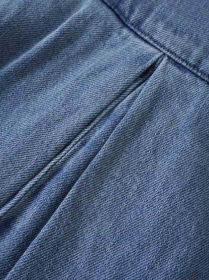 Inverted Yoke Pleat Denim Skirt-Light Blue