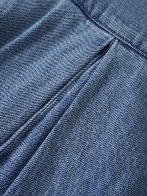 Inverted Yoke Pleat Denim Skirt-Light Blue