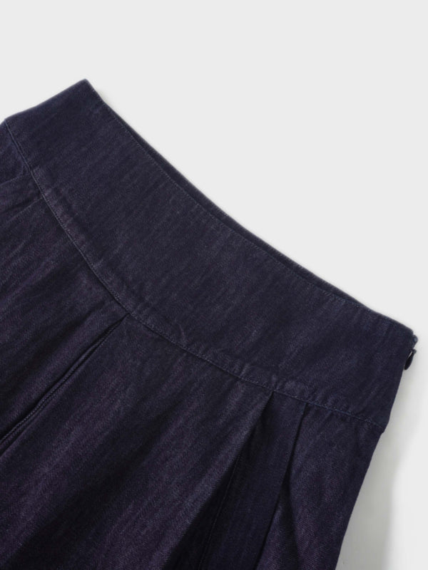 Inverted Yoke Pleat Denim Skirt-Dark Blue