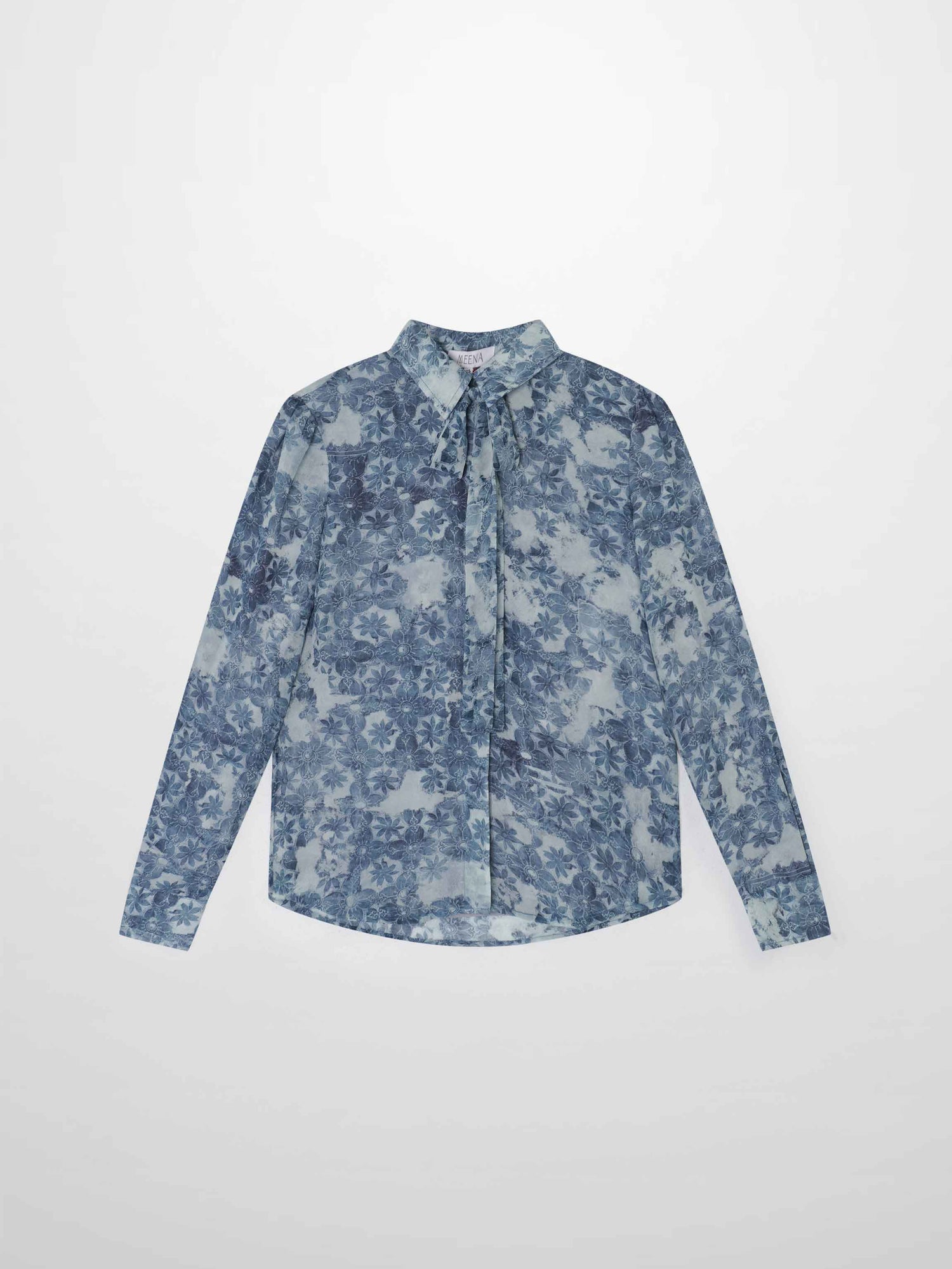 Button Down Bow Blouse-Soft Blue Floral