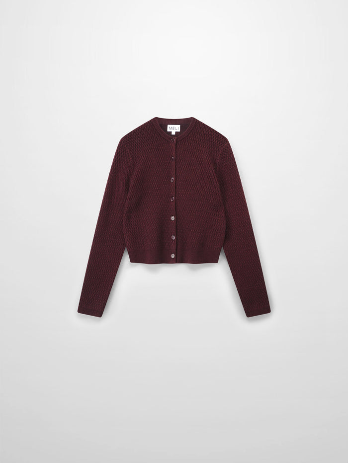Textured Crew Cardigan-Heathered Burgundy