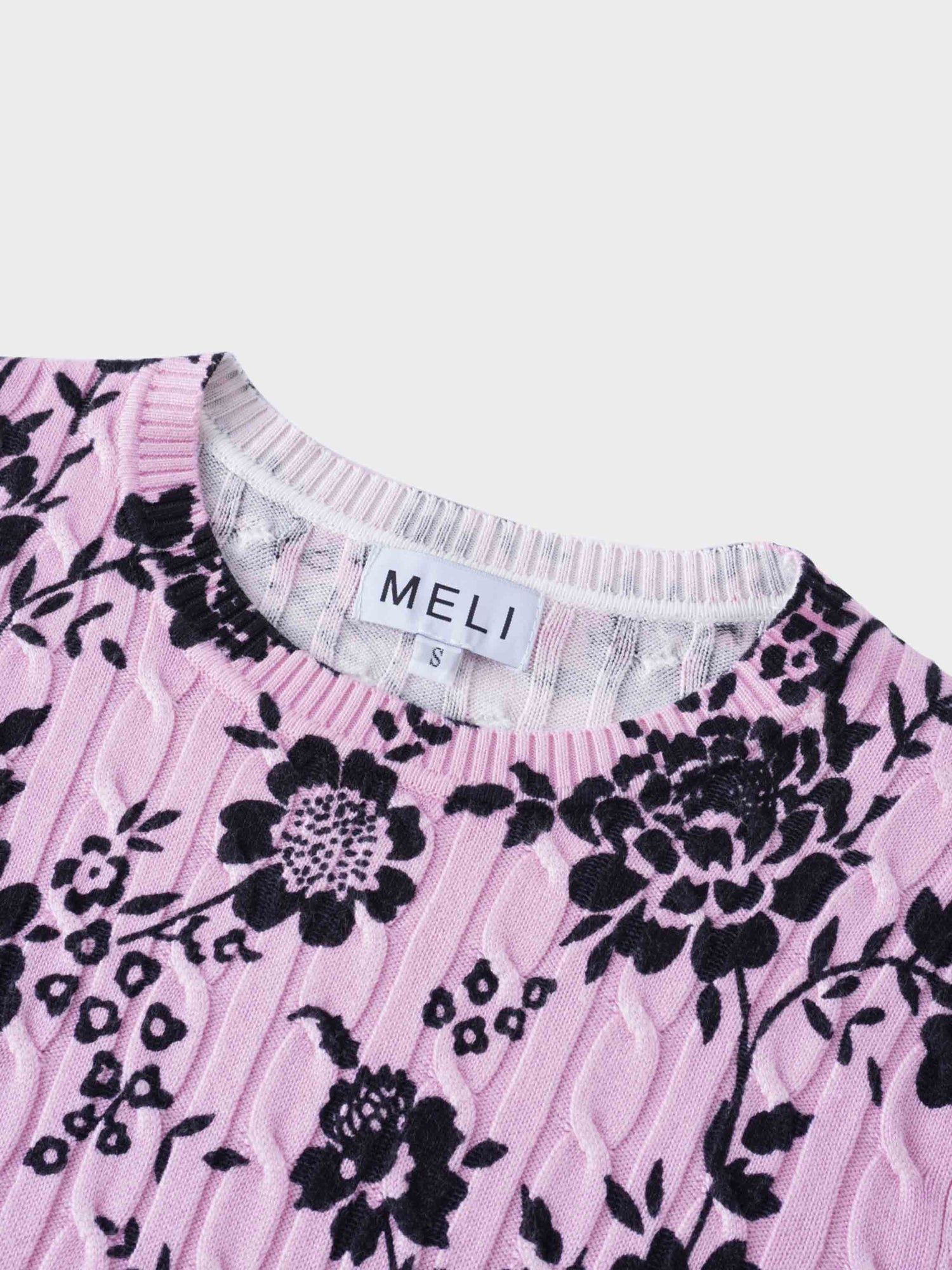 Printed Cable Knit Sweater-Pink/Black Floral