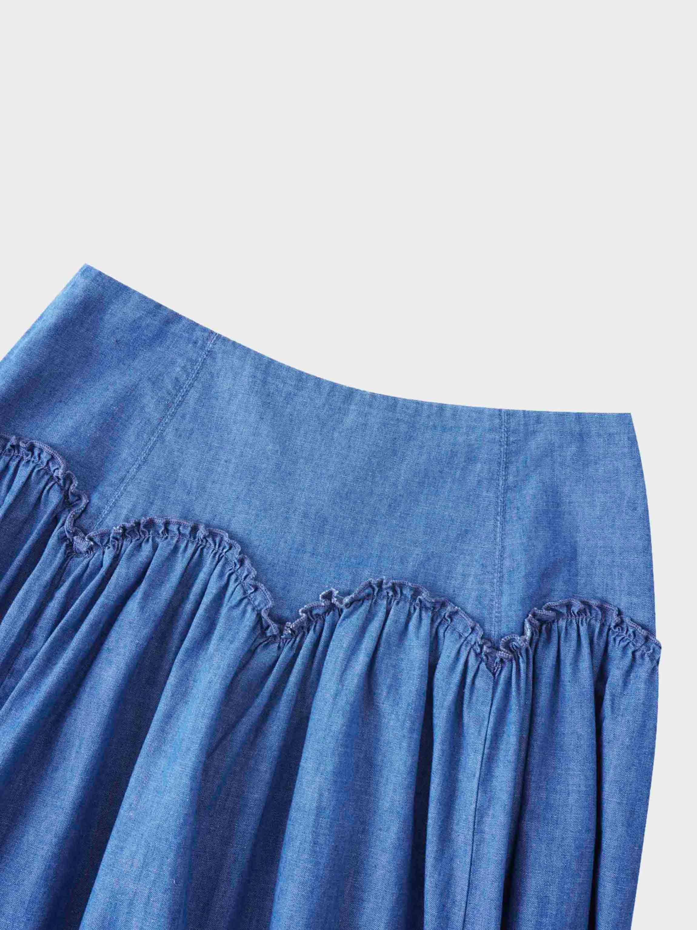 Curved Yoke Ruffle Denim Skirt - Blue