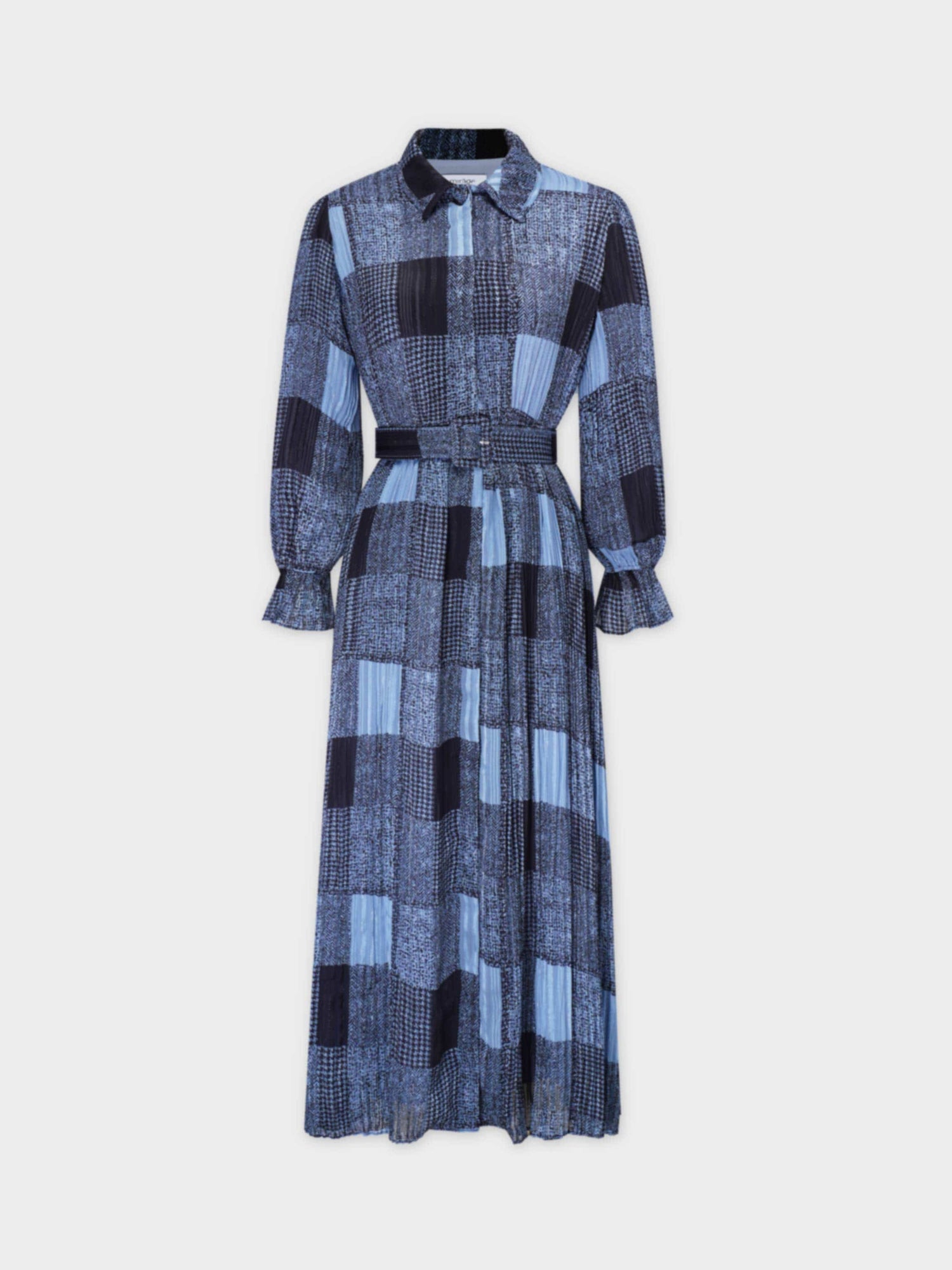 Belted Pleat Dress-Blue Plaid