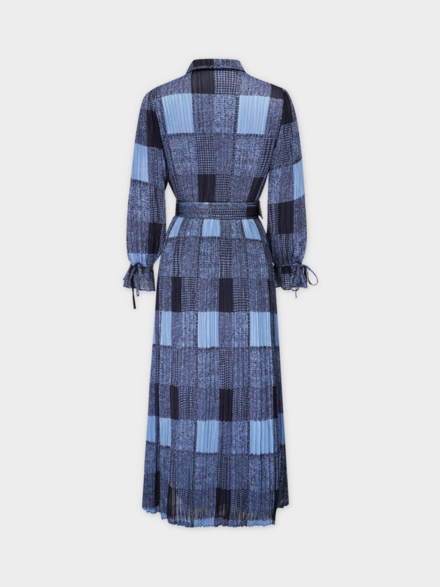 Belted Pleat Dress-Blue Plaid