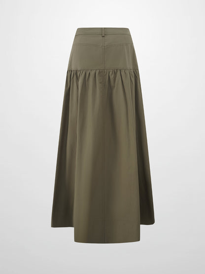 Gathered Drop Waist Yoke Skirt-Olive